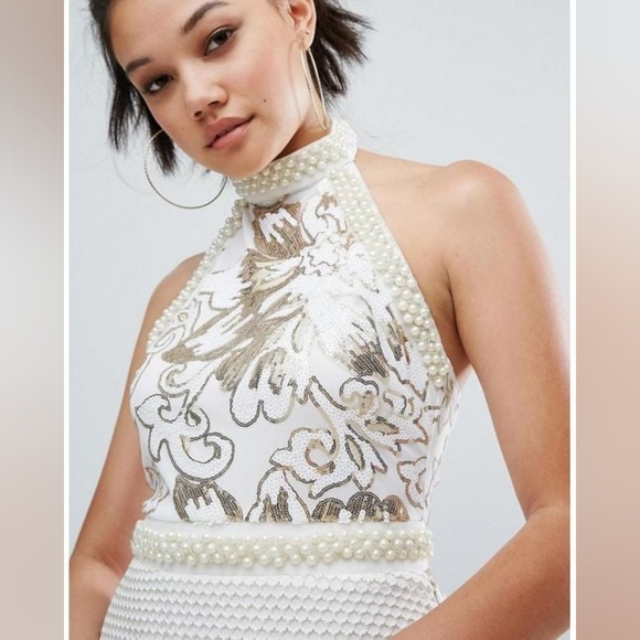 PrettyLittleThing Charlyia White Halterneck Sequin Tassel Bodycon Dress - Picture 7 of 10